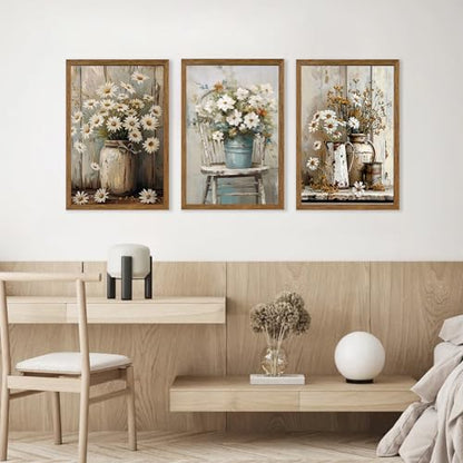 DUWQU Triptych Rustic Farmhouse Daisy Framed Canvas Wall Art 20x30 inch x3 - color: flower(Framed), size: 30"L x 20"W
