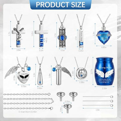 18 Pieces Small Cremation Urn and Jewelry Necklaces for Ashes Set Stainless Steel Keepsake Urns Memorial Locket Waterproof Mini Ash Holders for Human Female Male Loved One(Blue) - color: Blue