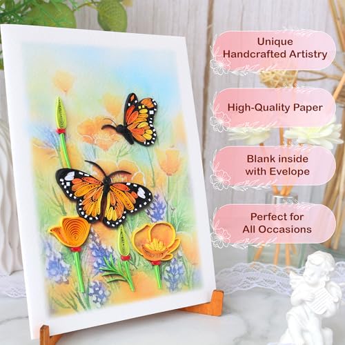 KingKraft Butterflies Quilling Card, Handcrafted Greeting Card for All Occasions, Birthday Card for Mom, Thinking of You, Get Well, Anniversary Card, Valentines Day, Mothers Day Card, Blank Inside - color: Butterflies