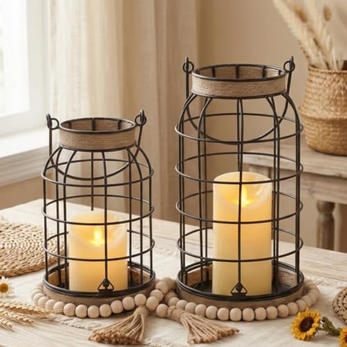 Rustic Farmhouse Candle Lantern, 2Pcs Decorative Lantern Decor with Candles | Set of 2 rustic farmhouse lantern set with candles and wood bead accents for fireplace, porch, patio and tabletop decor