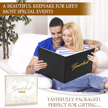 8x10 Inch Wedding Guest Book - 120 Blank & Lined Pages, Gold Foil PU Leather Hardbound Cover, Durable Sewn Binding, Black - color: Black