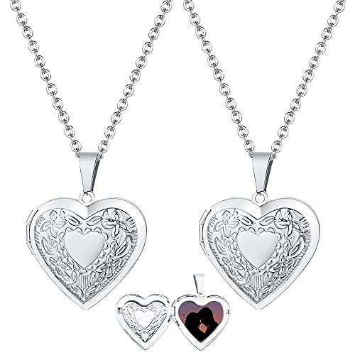 2 Pcs Locket Necklace that Holds Pictures Stainless Steel Locket Pendant Necklace Memory Photo Pendant Necklace for Women Girls - color: Heart style 1