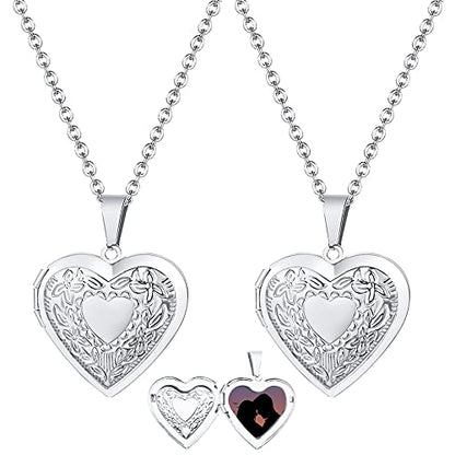 2 Pcs Locket Necklace that Holds Pictures Stainless Steel Locket Pendant Necklace Memory Photo Pendant Necklace for Women Girls - color: Heart style 1