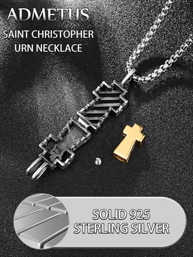 ADMETUS Patron Saint Cross Urn Necklace 925 Sterling Silver Cremation Jewelry for Ashes Memorial Gifts for Men with 2.5mm 22"+2" Rolo Chain - style: A21-Saint Christopher