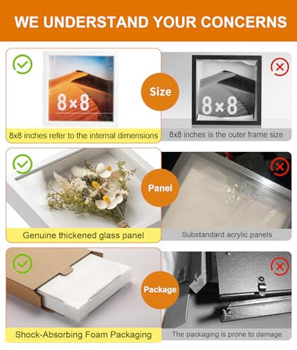 8x8 Shadow Box Frame with Ultra-Clear Glass & Soft Linen Back | With Push Pins and Stand, Deep 1.2" White Shadow Box Display Case – Display on Tabletop or Wall for Photo, Flower, Keepsakes - color: White+high Definition Panel + Shatter-proof Packaging, si