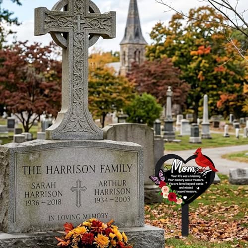 Grave Decorations for Cemetery - Memorial Mom Metal Graves Stakes | Outdoors Heart Cardinals Remembrance Plaque Black Waterproof Flower Graveside Burial Decor Sympathy Gifts for Loss of Mother - style: Mom