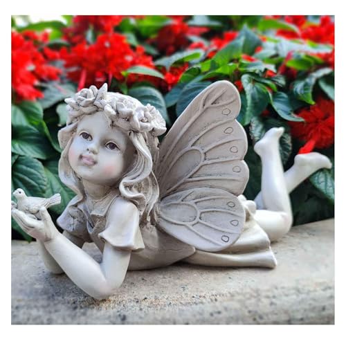 MeritMode Fairy Flower Garden Outdoor Statue - Angel Holding Bird - style: Garden