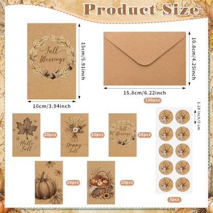 Sabary 100 Pack Fall Cards with Envelopes and Stickers Bulk | Thanksgiving Card, 4x6 Inch, Fall Maple Leaf Pumpkin, Autumn Harvest Greeting Blank Note Card, for Wedding Baby Shower