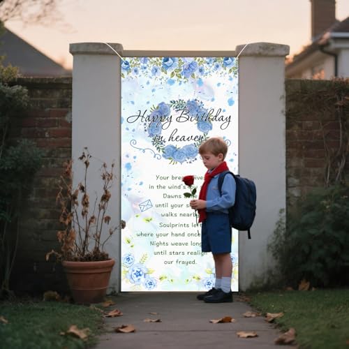 Happy Birthday in Heaven Door Banner Funeral Remembrance Decoration Funeral Memorial Flags for Cemetery Happy Heaven Birthday Door Banner 35.4x70.8 inch (blue)