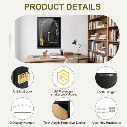 IHEIPYE Large Black Graduation Shadow Box Frame 2P Wall Mounted Lockable | Keepsake Display Case, UV-Protective Doorr, Holds Cap, Gown, Diploma, Tassel, Medals, All Graduation Memorabilia - size: Large-Black-2P