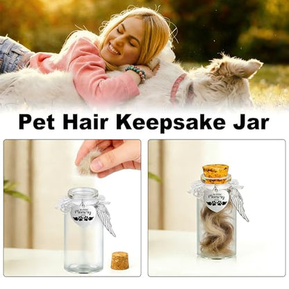 Gredstar Pet Memorial Glass Jar, Round Pet Fur Keepsake Bottle | 2 Glass Bottles Included, Round Glass Design, Cork Stopper, Paw Print Detail, Fur Hair Ashes Storage, Memorial Display