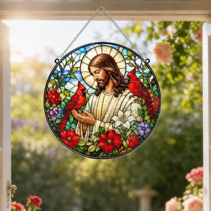 Jesus with Cardinals Memorial Suncatcher, 8" Christian Stained Glass Wavy Acrylic Window Hanging, Sympathy Gift for Loss of Loved One, Mom, Dad, Grandma, Family Members, Religious Gifts for Women - color: Jesus With Cardinals