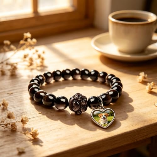 Personalized Pet Memorial Obsidian Bracelet with Photo Charm | Custom Photo Pet Loss Bracelet，Cat Dog Memorial Keepsake Jewelry ，Dog Cat Lovers Pet Loss Remembrance