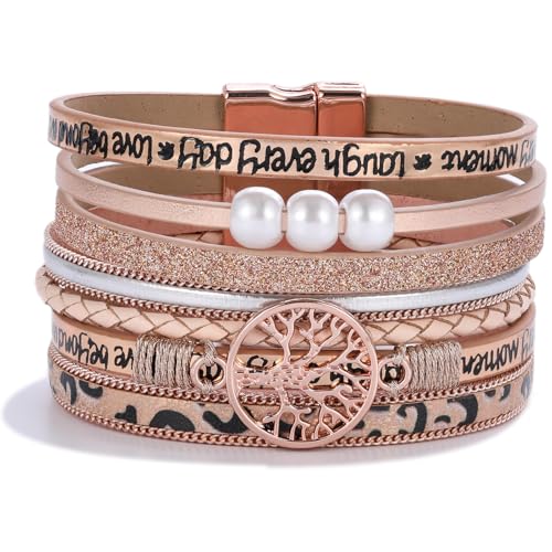 Tree of Life Inspirational Leather Wrap Bracelets Boho Western Cowgirl Cuff - color: Rose Gold Cheetah