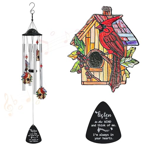 YU FENG Cardinal Memorial Wind Chime, Birdhouse Crystal Suncatcher | 34 Inch Metal Wind Chime, Cardinal Bird Design, Sympathy Gift For Loss Of Loved One, Outdoor Garden Yard Decor - style: Cottage Garden – Birdhouse – 34 Inch