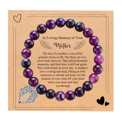 Sympathy Gifts for Loss of Loved one Memorial Healing Remembrance Condolence Grief Present for Women Pink Beads Bracelet With Angel Wings - style: Amethyst-Wings-In Loving Memory of Your Mother