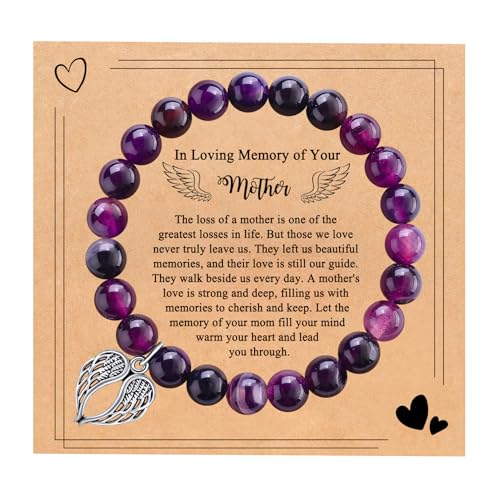 Sympathy Gifts for Loss of Loved one Memorial Healing Remembrance Condolence Grief Present for Women Pink Beads Bracelet With Angel Wings - style: Amethyst-Wings-In Loving Memory of Your Mother