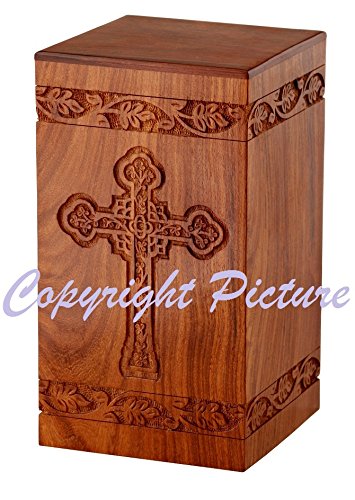 Solid Rosewood Cremation Urn with Hand-Carved Cross Design for Human Ashes - color: Solid Rosewood