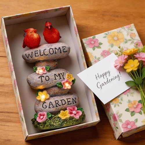 TERESA'S COLLECTIONS Cardinal Garden Decor with Outdoor Solar Lights 11" | LED light Garden Statues, Welcome Yard Sign Rocks & Flower Resin Valentines Decorations, Gifts for Mom Yard Decor