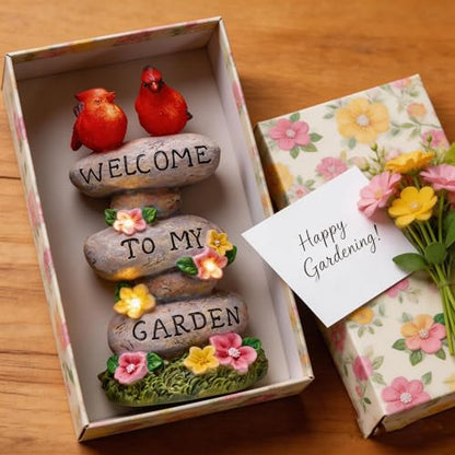 TERESA'S COLLECTIONS Cardinal Garden Decor with Outdoor Solar Lights 11" | LED light Garden Statues, Welcome Yard Sign Rocks & Flower Resin Valentines Decorations, Gifts for Mom Yard Decor
