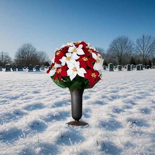Sympathy Silks Artificial Cemetery Flowers - Gravesite Memorial Arrangment - Red & White Poinsettia - (1) Bouquet (1) Vase - color: Red & White, size: (1) Bouquet (1) Vase