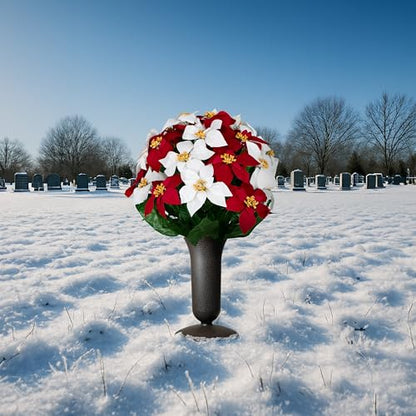 Sympathy Silks Artificial Cemetery Flowers - Gravesite Memorial Arrangment - Red & White Poinsettia - (1) Bouquet (1) Vase - color: Red & White, size: (1) Bouquet (1) Vase
