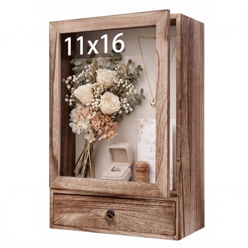 Deep Shadow Box Frame 11x16, 4" Depth Display Case with Drawer, Rustic Solid Wood Memory Box with Acrylic Door for Wedding Bouquet, Medals, Memorial Photos, Keepsakes, Wall or Tabletop