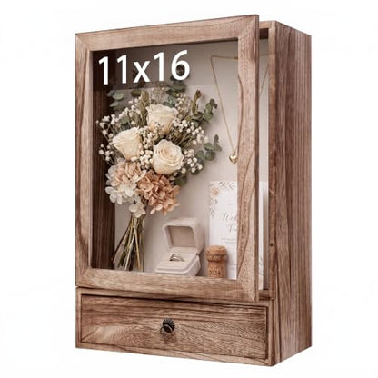 Deep Shadow Box Frame 11x16, 4" Depth Display Case with Drawer, Rustic Solid Wood Memory Box with Acrylic Door for Wedding Bouquet, Medals, Memorial Photos, Keepsakes, Wall or Tabletop