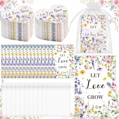 Crtiin 50 Sets Wedding Favors for Guests, Heart Shaped Wildflower Seed Paper with Let Love Grow Cards and Organza Bags for Bridal Shower, Engagement, Anniversary Party Guests - style: Heart Shaped Wedding Theme