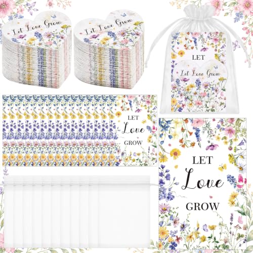 Crtiin 50 Sets Wedding Favors for Guests, Heart Shaped Wildflower Seed Paper with Let Love Grow Cards and Organza Bags for Bridal Shower, Engagement, Anniversary Party Guests - style: Heart Shaped Wedding Theme