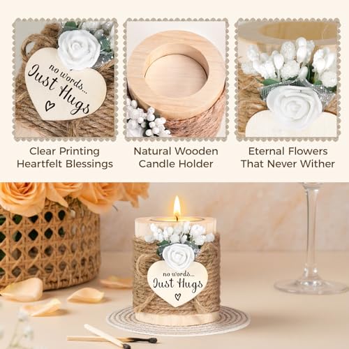 Sympathy Gifts for Loss of Loved One - No Words Just Hugs Wooden Tealight Candle Set Holder, Bereavement, Grief & Remembrance Gift for Grieving Friends Women