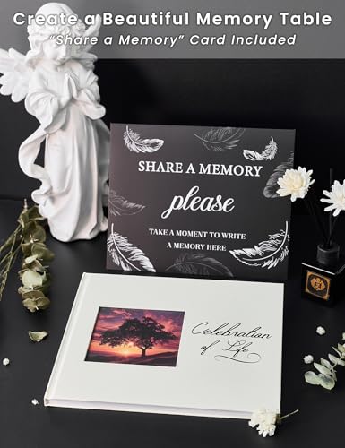 Funeral Guest Book, Celebration of Life GuestBook with Photo Slot | 330 Entries, Table Sign Card Included, Gold Stamping, Twill-Textured Paper Cover, in Loving Memory Keepsake, 9x7.5", Beige - color: Beige-c