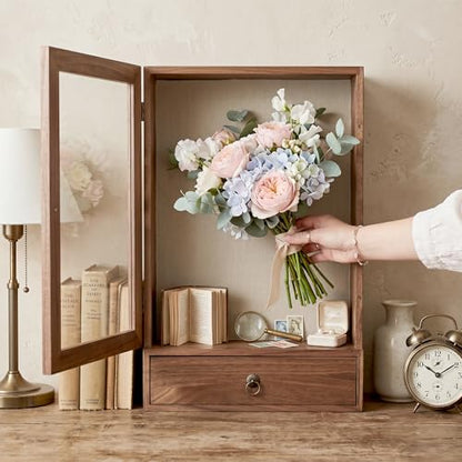 Deep Shadow Box Frame 11x16, 4" Depth Display Case with Drawer, Rustic Solid Wood Memory Box with Acrylic Door for Wedding Bouquet, Medals, Memorial Photos, Keepsakes, Wall or Tabletop