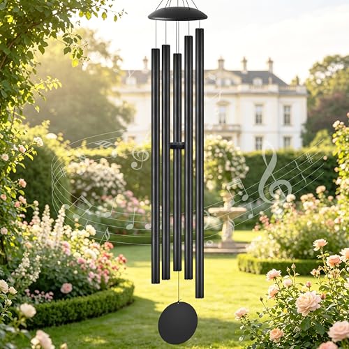 65" Large Wind Chimes for Outside, 5 Thick Aluminum Tubes Metal Wind Chimes Outdoors, Big Wind Chime for Hanging Garden Patio Porch and Yard Decor, Memorial Unique Gifts for Women Mom & Men, Black - color: Black Thick, size: 65"