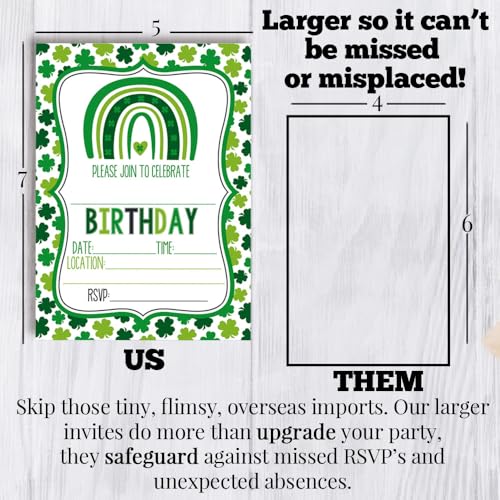 St. Patrick's Day Green Shamrock Rainbow Themed Birthday Party Invitations for Kids, 20 5x7 Fill In Cards with Twenty White Envelopes by AmandaCreation - style: Green Shamrock