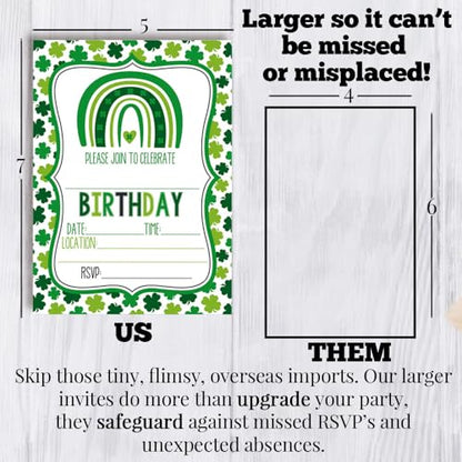 St. Patrick's Day Green Shamrock Rainbow Themed Birthday Party Invitations for Kids, 20 5x7 Fill In Cards with Twenty White Envelopes by AmandaCreation - style: Green Shamrock