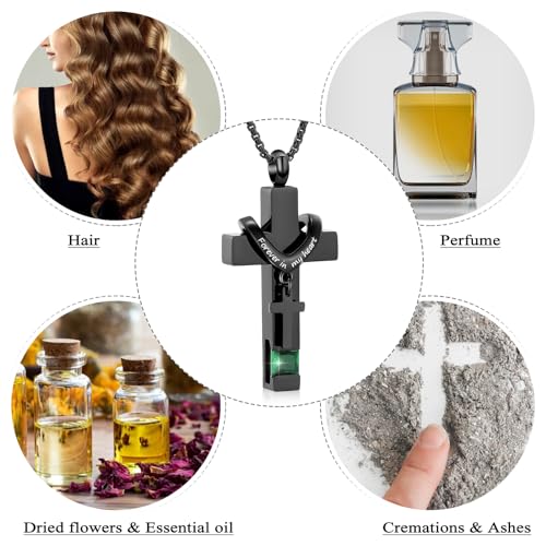 Oinsi Black Cross Urn Necklace For Ashes Of Loved Ones With Birthstone Always In My Heart Cremation Jewelry Keepsake Pendant Women Men - color: Green Stone