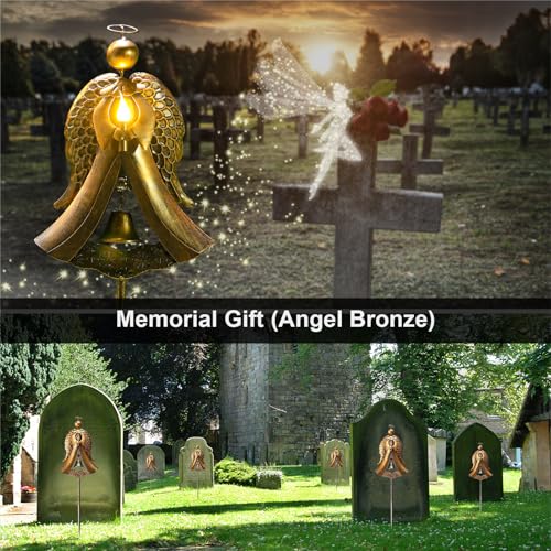 Homight Solar Garden Stake Light - Metal Angel Solar Warm Stake Light Memorial Gift - Outdoor Bronze Angel Bell Candle Prayer Metal Lamp - Waterproof Garden Lawn Patio Gift