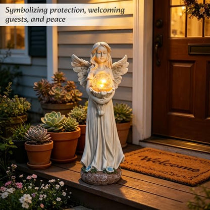 MUMTOP Angel Statues for Garden, White Solar Angels Statue for Cemetery | Lighted Yard Angel Statues Outside with Crackle Glass Ball LED Light,Resin Memorial Figurines Gifts for Women,lawn decoration