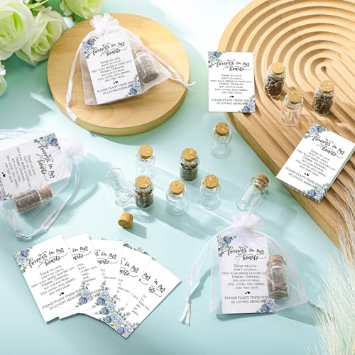 Tanlade 100 Sets Funeral Favors Include Funeral Prayer Card Celebration of Life Card Seed Bag Glass Bottle with Cork Organza Bag for Veterans Memorial Loss of Loved One, No Seed(Rose) - style: Rose