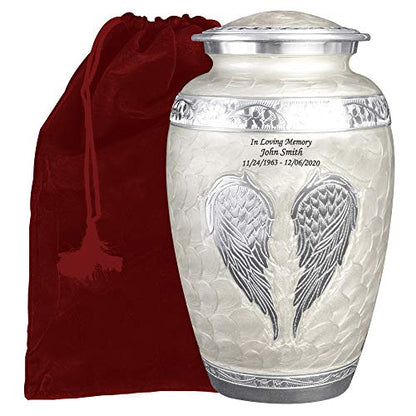 White Angel Wings Funeral Cremation Urn with Velvet Bag (Pearl White, Extra Large) - color: Pearl White, size: Extra Large