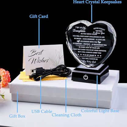 YWHL Daughter Gifts from Mom Dad Birthday Gifts for Daughter Adult to My Daughter Heart Crystal Keepsake with Colorful Base Meaningful Gifts for Daughter on Christmas Graduation Valentine Day - color: Daughter Gifts+led