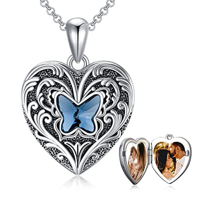 SOULMEET Personalized Butterfly Locket Necklace That Holds Up to 2 Pictures, Memorial Insects Silver Butterfly Photo Locket Custom Any Photo Healing Gift - color: G-Crystal Blue, style: Locket+Custom Photo