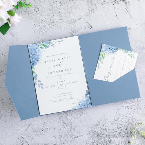 20 Pcs 5.12x7.1'' Matte Dusty Blue Tri-fold Laser Cut Wedding Invitation Cards for Wedding Bridal Shower Quinceañera Engagement Birthday Invitation - color: Dusty Blue
