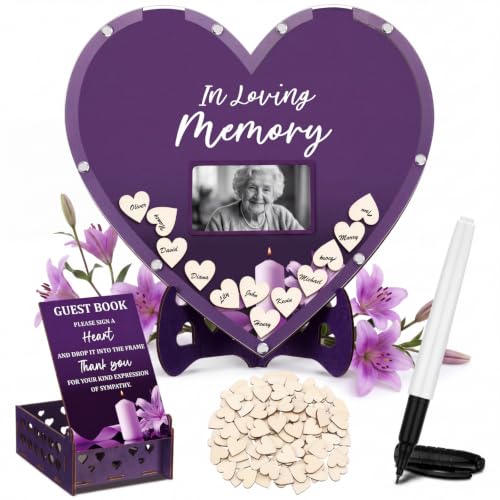 Gerrii Funeral Guest Book for Memorial Service with 100 Wood Hearts Drop Box and Pen Funeral Guest Heart Picture Frame for Memorial Service Celebration of Life Party Supplies in Loving Memory