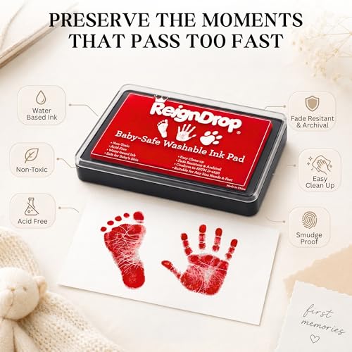 ReignDrop Baby Ink Pad for Hand and Footprints, Non-Toxic Acid-Free Keepsake Kit, Smudge-Proof Archival Ink Wipes Off Skin, for Scrapbook, Photo Album, Frames & Pet Paws, Baby Gift (Red) - color: Red