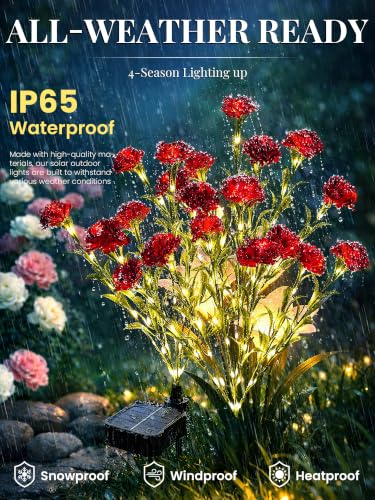 GIGALUMI 4 Pack Solar 28 Carnations Flowers Outdoor, 2 Modes, Red - color: Red, size: 4 PACK