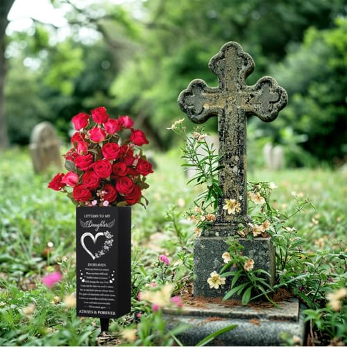 WEBEEDY Letters to My Daughter Grave Vase Happy Heavenly Birthday Metal Cemetery Vases with Spike, Heart Butterflies Wings Memorial Vases, Memorial Gifts for Loss of Gaughter, 1pc, 3.1x7.9 Inch - color: A Letter to My Daughter