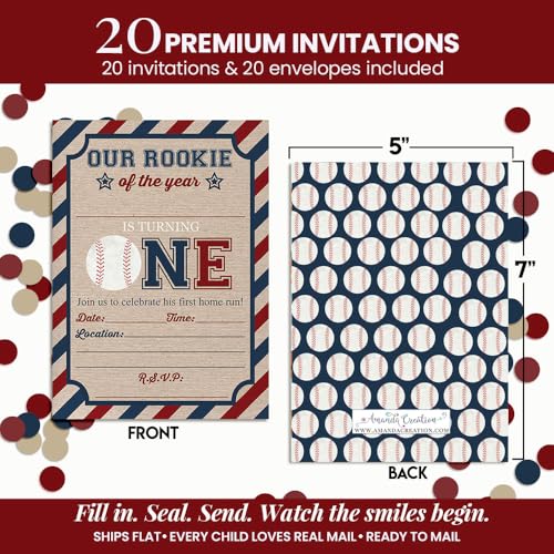 Rookie Of The Year Baseball Themed 1st Birthday Party Invitations for Boys, 20 5x7 Fill In Cards with Twenty White Envelopes by AmandaCreation - style: Rookie Of The Year Baseball