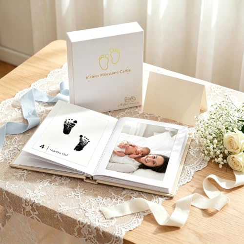 15 Pack Little Lullaby Inkless Milestone Cards Baby Hand and Footprint Kit 12 Months Newborn Memory Book Keepsake Ink Pad for Handprints Footprints (White Box + Beige Photo Album) - style: White Box + Beige Photo Album